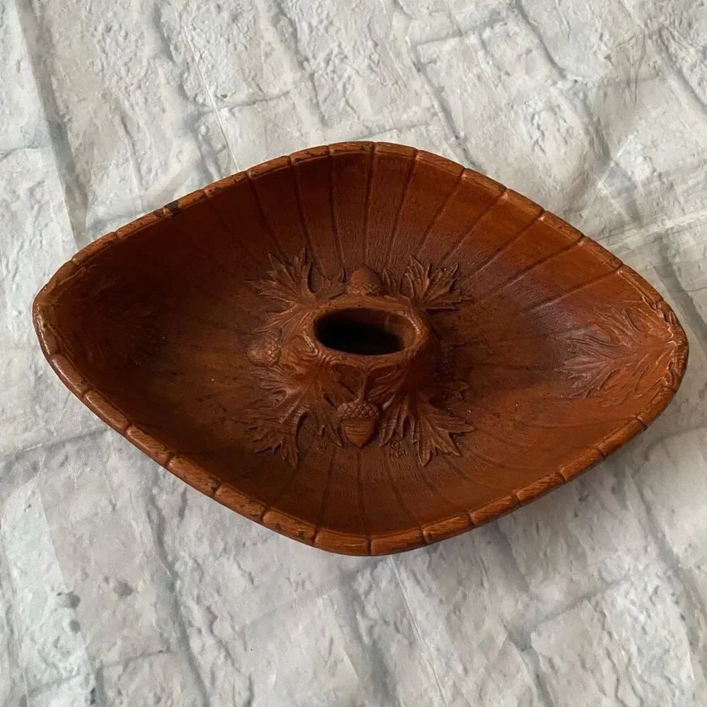 Vintage 1970’s brown wood bowl or ashtray w/acorn carvings 11x7.5